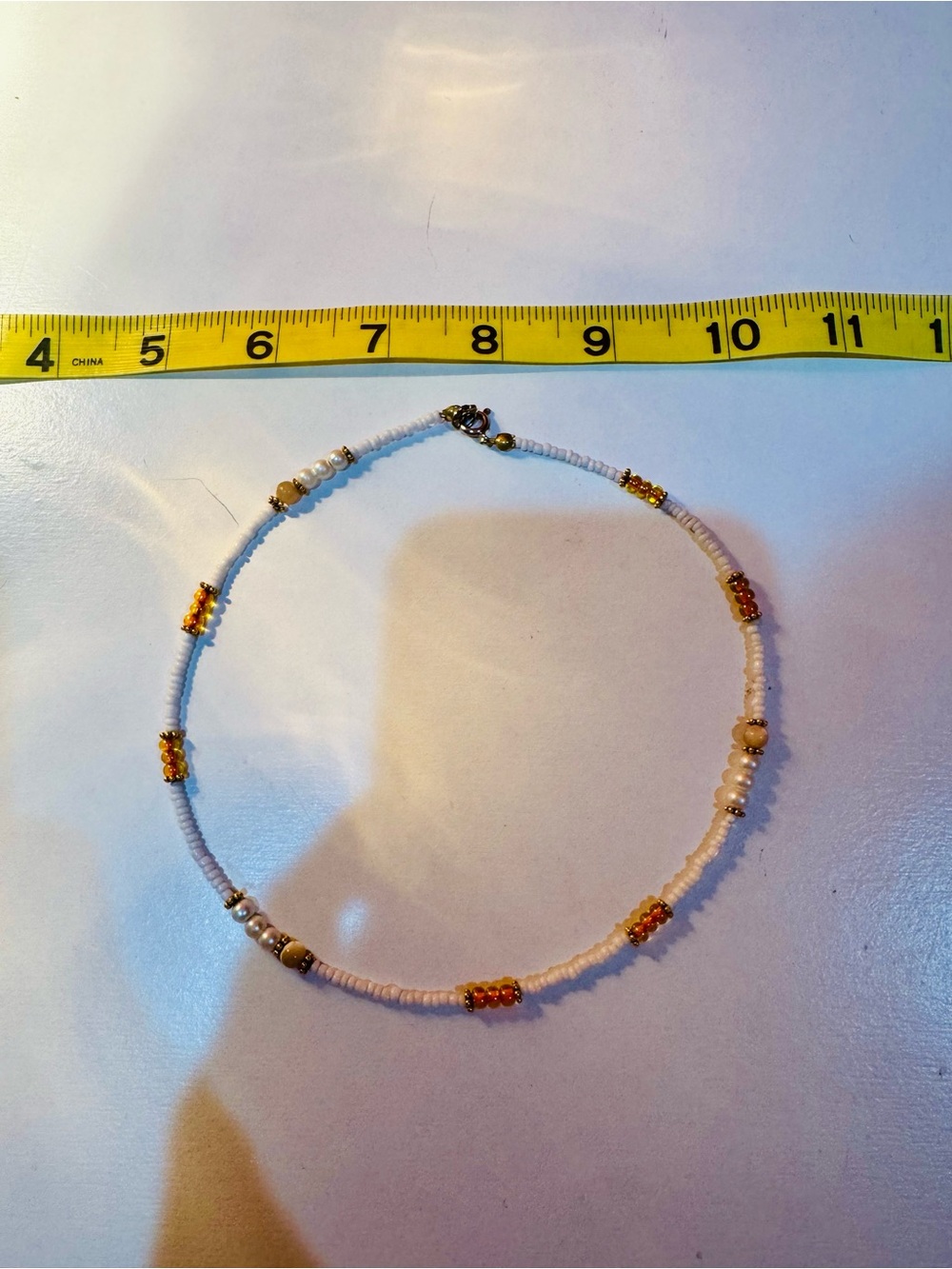 Handmade Delicate White and Gold Beaded Choker Necklace